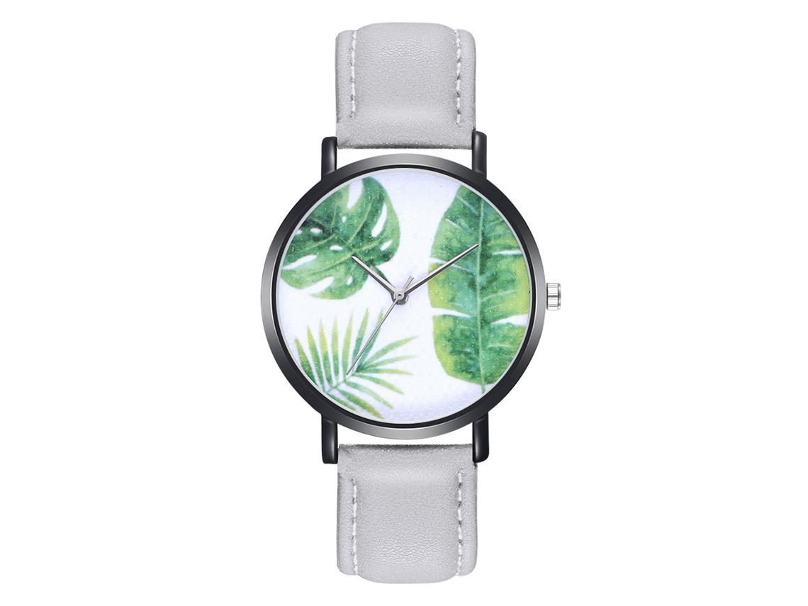 Relógio de quartzo unissex com pulseira de couro PU, estampa de folha verde, cinza, Zhoulianfa