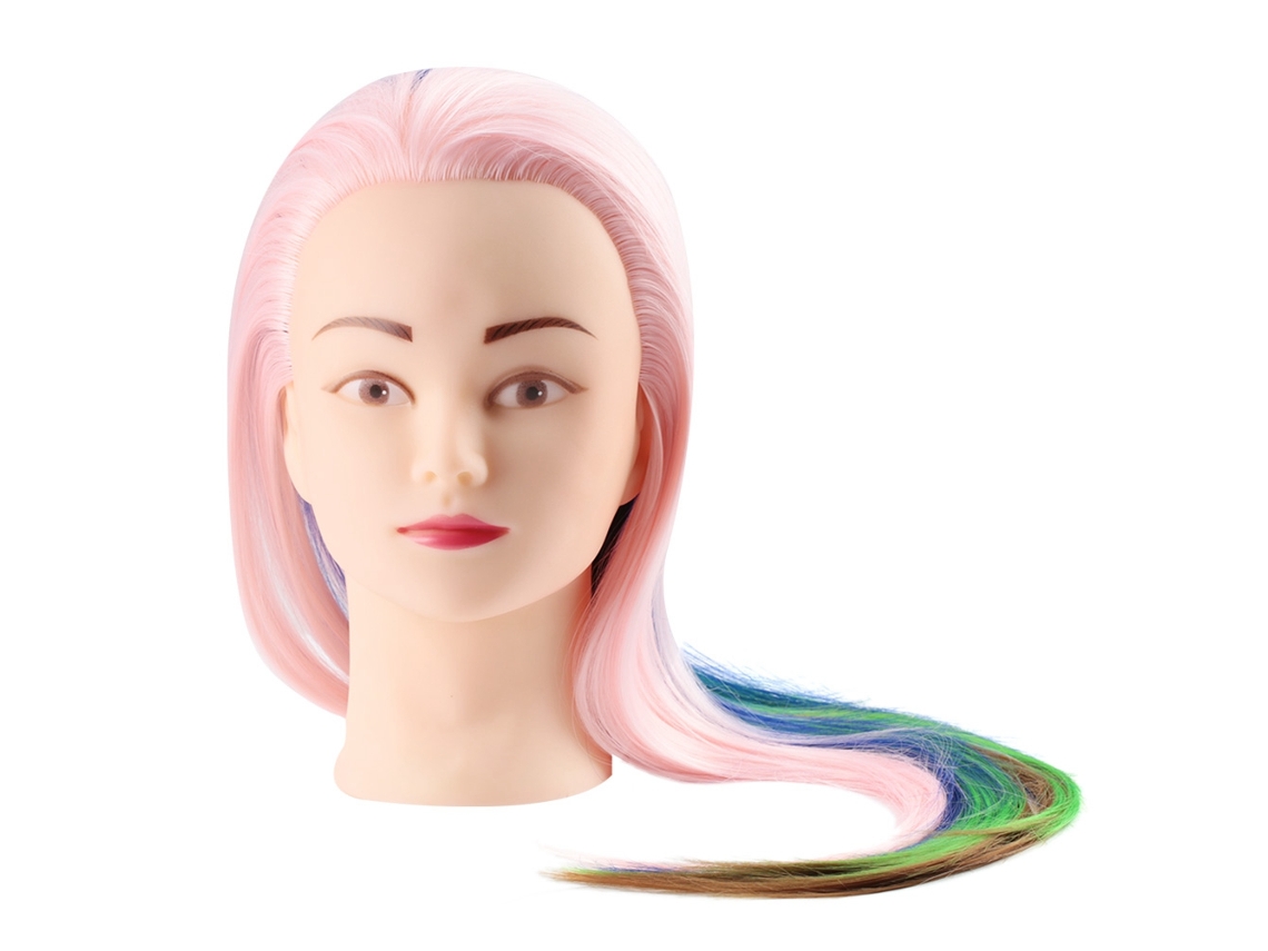Cabeça de manequim 2026 com cabelo para treinamento de cabeleireiro e prática de penteados em diversas cores.