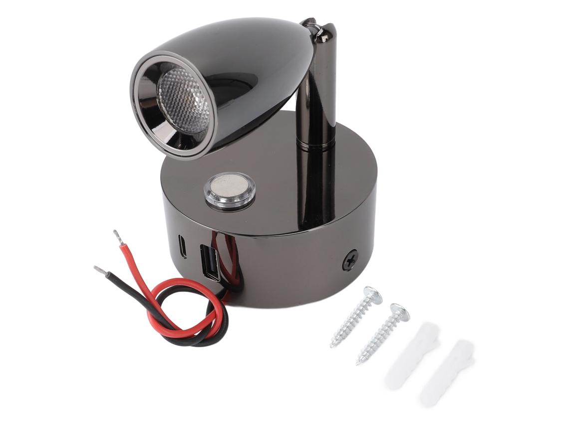 Lâmpada de leitura para RV com porta USB, 3 temperaturas, toque, dimmável, DC12 24V, preta | S/MARCA