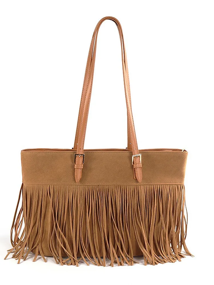 Bolsa Tote Feminina Grande E Elegante (marrom), Com Detalhe De Franjas, Em Couro Pu De Grande Capacidade.