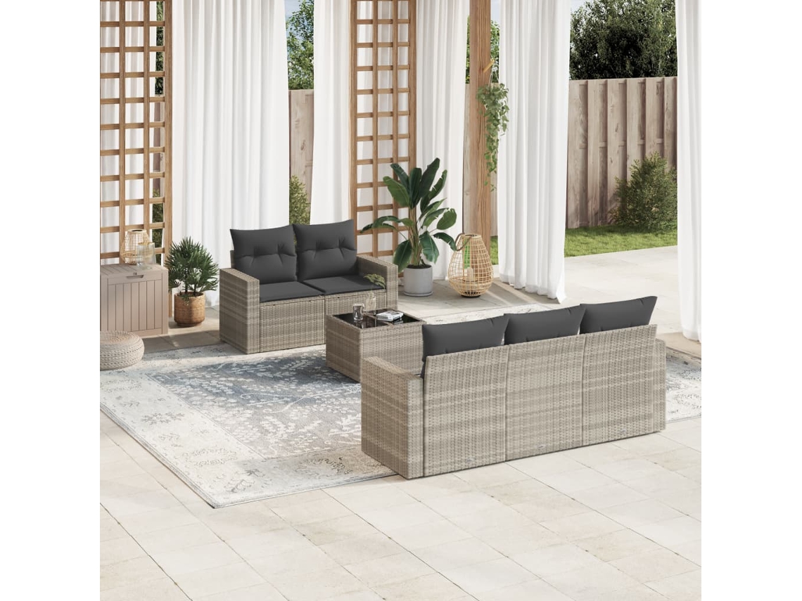 Vidaxl 6 Pcs Conj. Sofás Jardim Com Almofadões Vime Pe Cinzento-claro