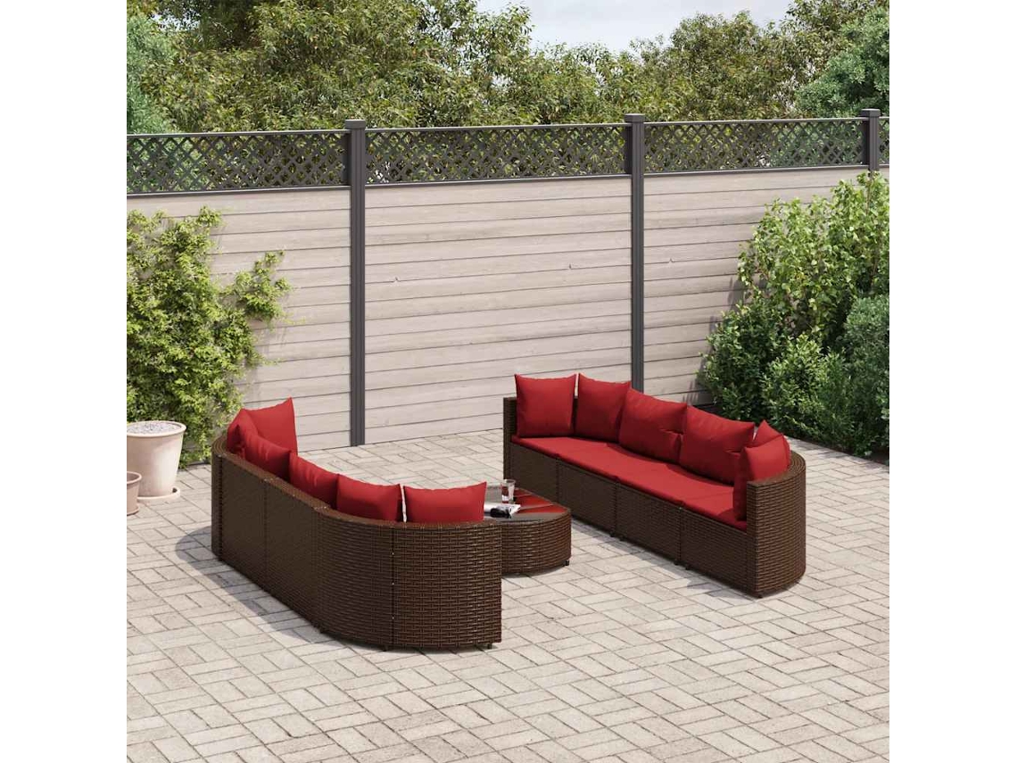 Vidaxl 9 Pcs Conjunto Sofás P/ Jardim C/ Almofadões Vime Pe Castanho