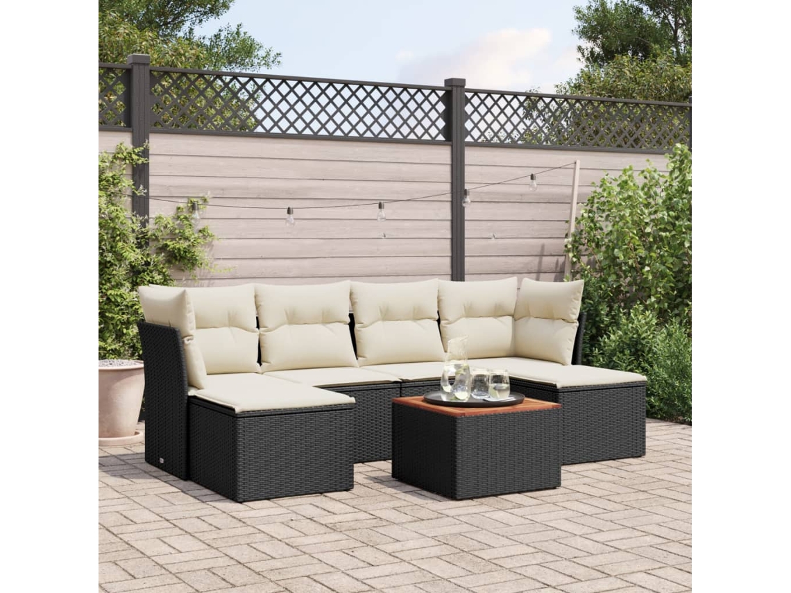 Jogo de Sofá 7 Peças P/ Jardim C/ Almofadões Vime Pe Preto Dkd Home Decor