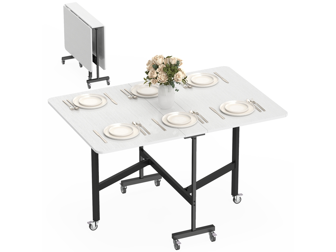 Mesa Dobrável Móvel com 6 Rodas e Freios. Mesa de Jantar Dobrável para Espaços Pequenos. Branco Ge