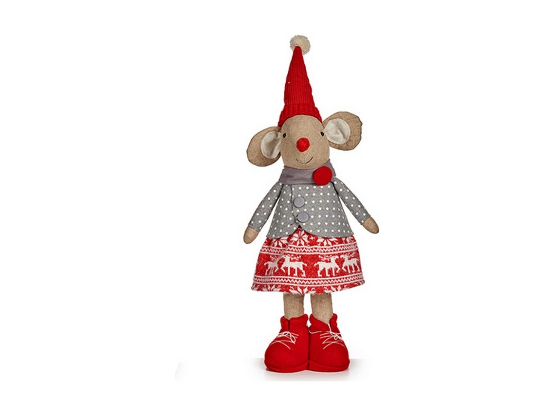 Figura Decorativa Rato 48 cm Natal KRIST Vermelho Cinzento Poliéster Branco Creme