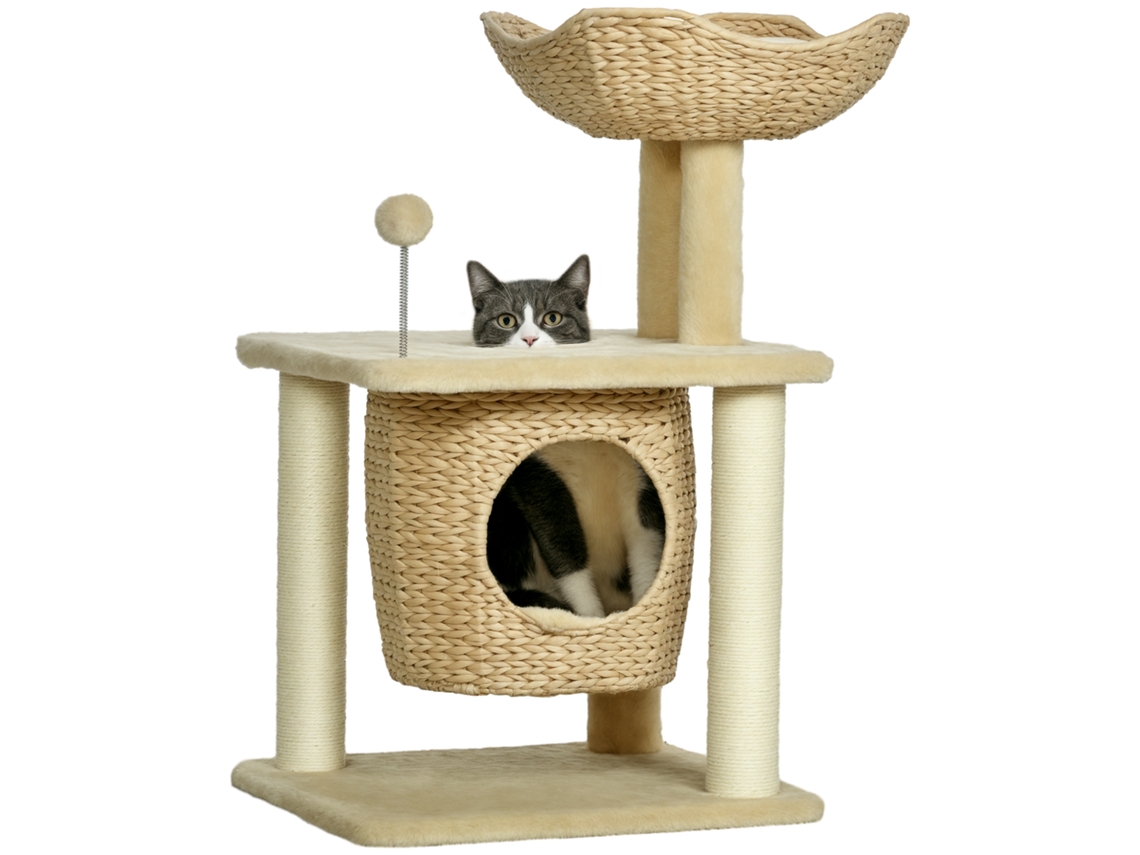 Sisal Natural para Arranhar Gatos, Cesta de Nicho, Pompom de Pelúcia, Jacinto D'água 45 X 40 X 74 Cm Bege Ge