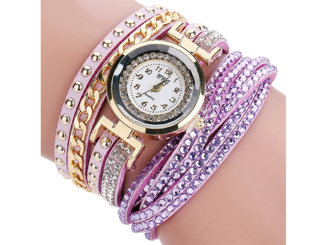 Relógio de Pulso Feminino Quartzo Camurça Multicamada Strass Rivet Roxo Fashion