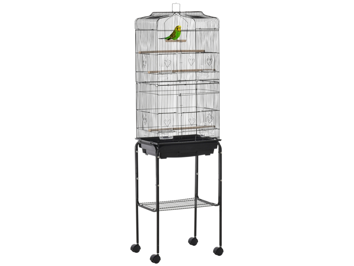 Gaiola P/ Pássaros C/ Suporte, Gaiola Metal C/ Rodas, Bandeja E Prateleira Removíveis, 46,5x36x157 Cm, Preta