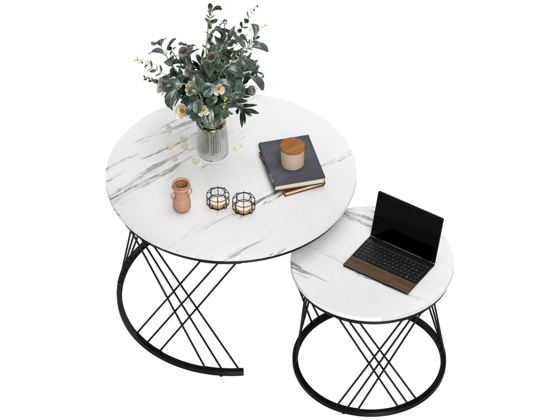 Conjunto 2 Mesas Redondas Mármore Branco Empilháveis Com Metal