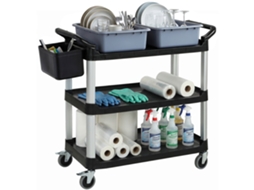 Carrinho de Limpeza com Rodas,3 Prateleiras,2 Contentores e Balde Lateral Suspenso,carga 100kg,preto BTFORUS