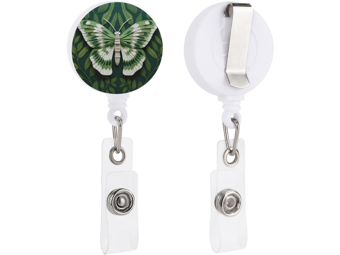 Porta-crachá retrátil com chaveiro e clipe, em formato de borboleta branca, um acessório divertido e charmoso.