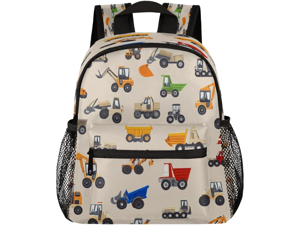 Mochila Infantil Unissex Com Estampa Caminhão Construção/escavadeira, Bege, Ideal Para Crianças Pequenas,