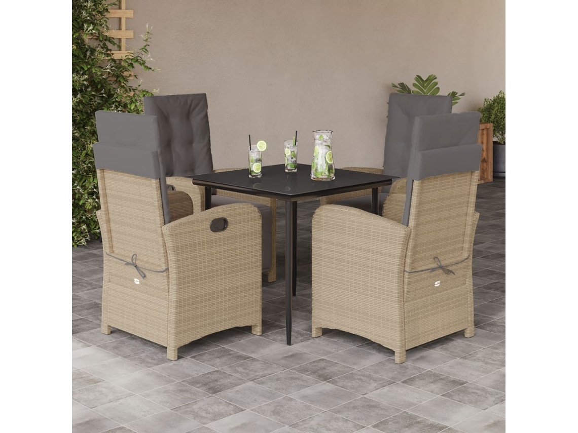 Vidaxl 5 Pcs Conjunto De Jantar P/ Jardim Com Almofadões Vime Pe Bege