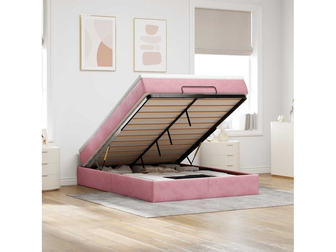 Vidaxl Estrutura De Cama Otomana Com Colchão 140x190 Cm Veludo Rosa