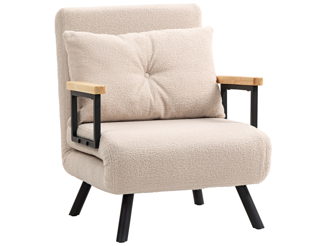 Sofá Individual Conversível Cama 1 Lugar com Encosto 5 Níveis e Travesseiro, 63x73x81 Cm, Bege