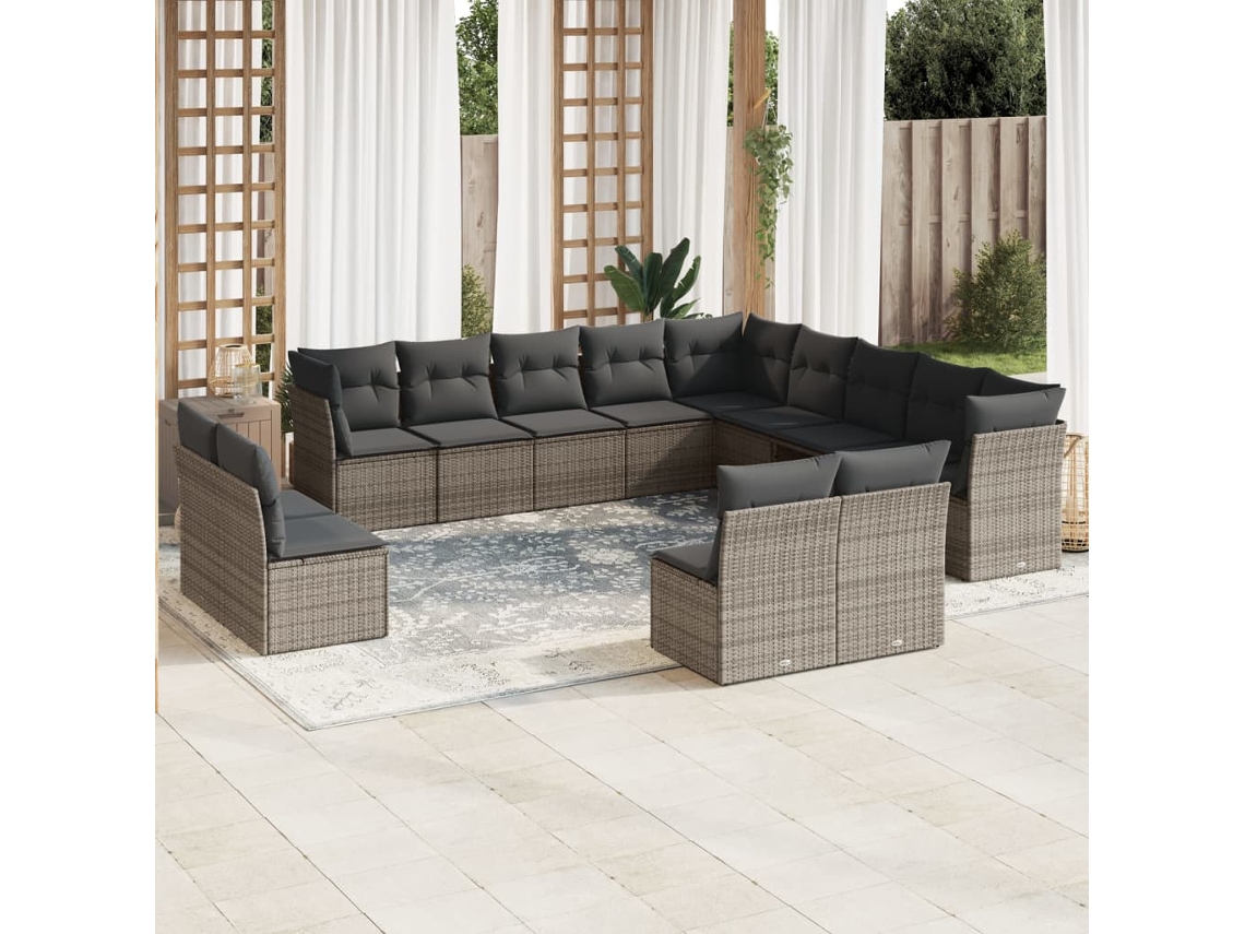 Vidaxl 13 Pcs Conjunto Sofás P/ Jardim C/ Almofadões Vime Pe Cinzento