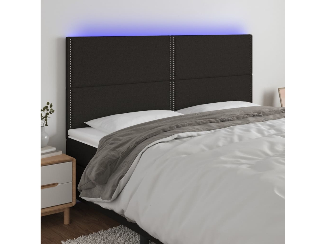 Cabecero con luces LED, tela, 180x5x118/128 cm, negro