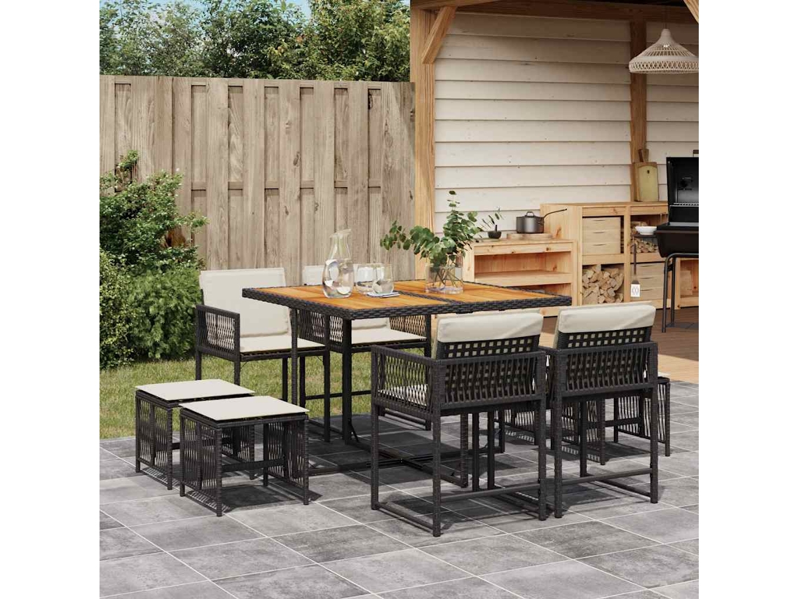 Vidaxl 9 Pcs Conjunto De Jantar P/ Jardim C/ Almofadões Vime Pe Preto