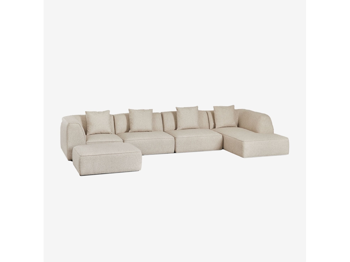 Sklum Sofá Modular Chaise Longue Direito De 4 Peças Com Puff Estofado Cardea Poliéster                       Bouclé Creme Bege