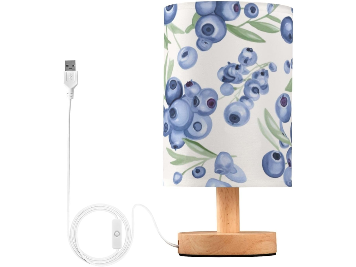 Luminária De Cabeceira Led Usb Pequena Skyshu Blueberry Com Base Madeira Antiderrapante E Cúpula Que Não Agride Os Olhos
