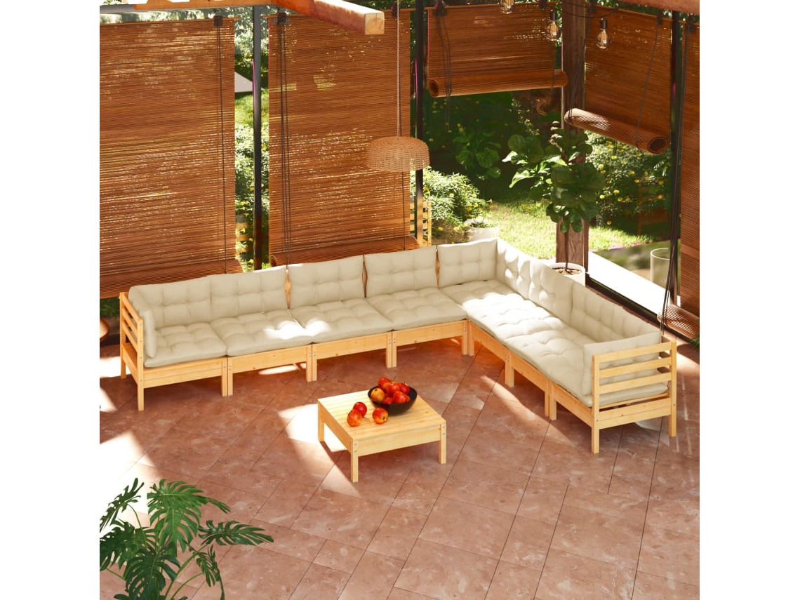 Vidaxl 9 Pcs Conjunto Lounge Jardim C/ Almofadões Creme Pinho Maciço
