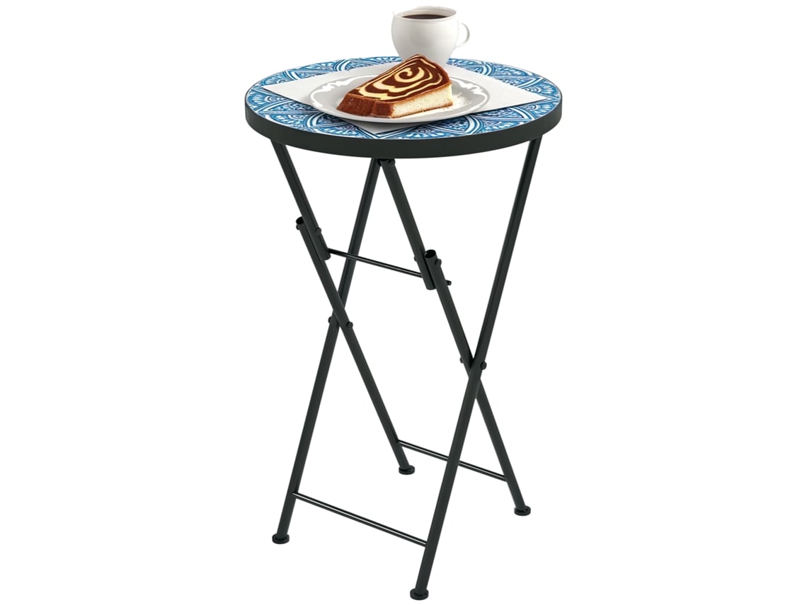 Mesa Auxiliar Redonda Mesa De Jardim Dobrável Com Bancada Em Mosaico E Pés Com Almofadas Antiderrapantes Ø35,5x55 Cm Azul Design Moderno