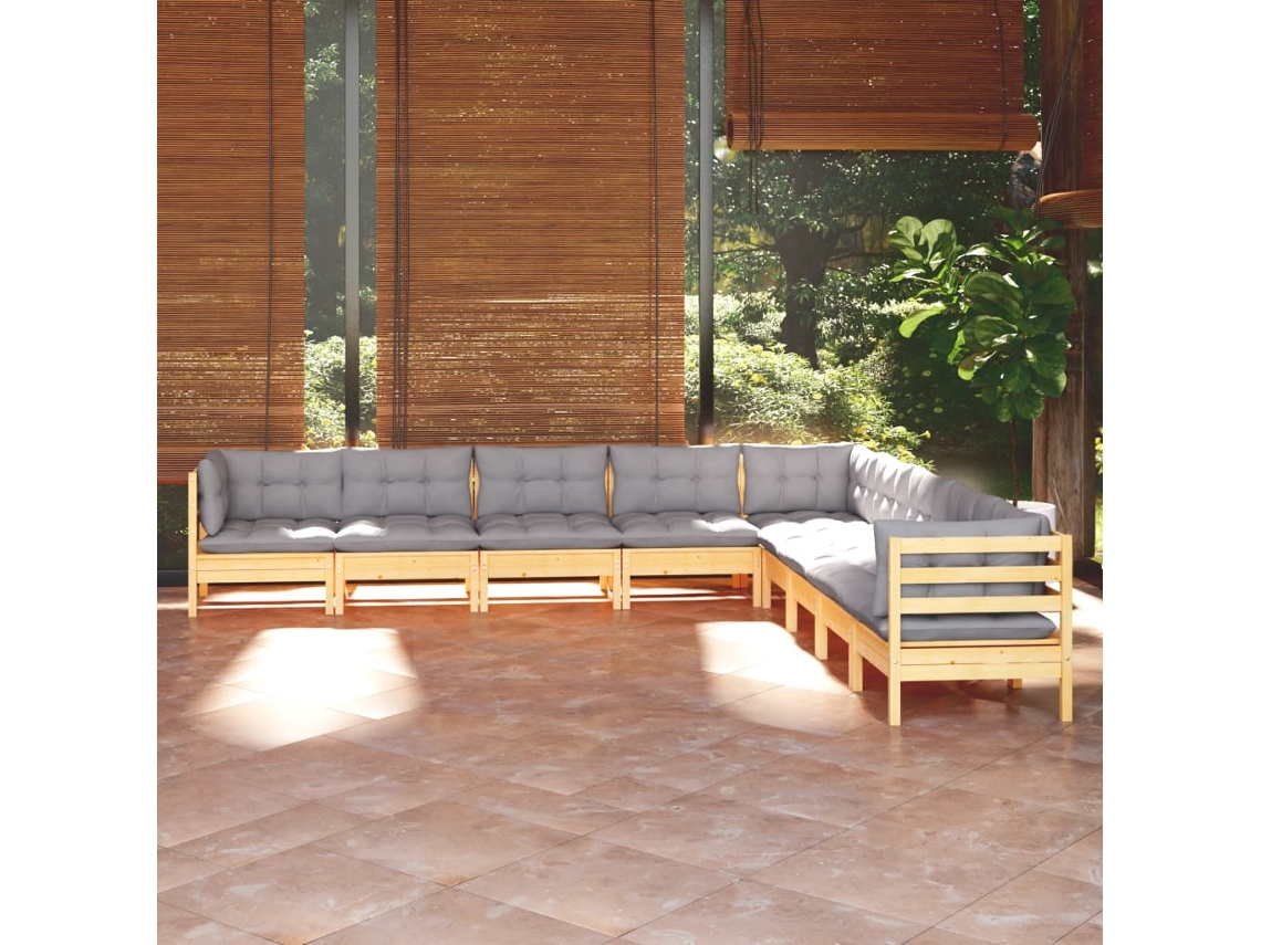 Vidaxl 9 Pcs Conjunto Lounge De Jardim + Almofadões Cinza Pinho Maciço