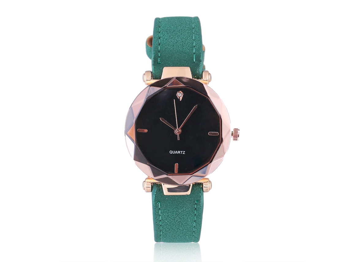 Relógio Analógico Feminino de Quartzo com Pulseira Pu Verde e Decoração de Rhinestone