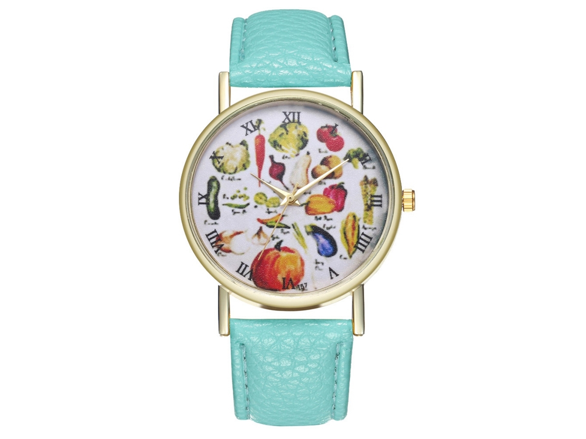 Relógio de quartzo com pulseira de couro PU, mostrador moderno unissex com estampa de frutas, estilo casual (verde menta)