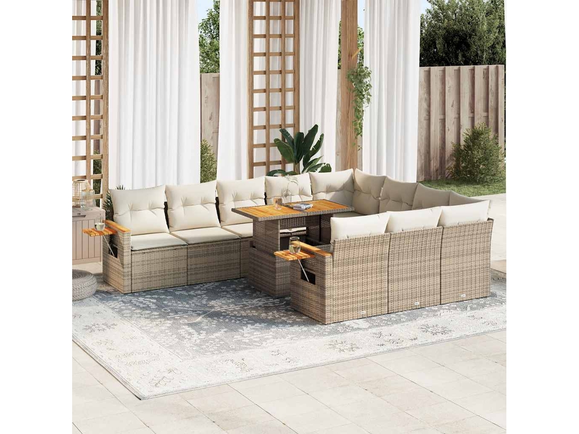 Vidaxl 11 Pcs Conjunto Sofás Jardim C/ Almofadões Vime Pe/acácia Bege