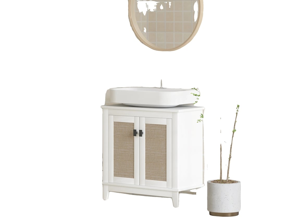 Armário Banheiro, Portas Rattan, 2 Prateleiras, Branco OEM