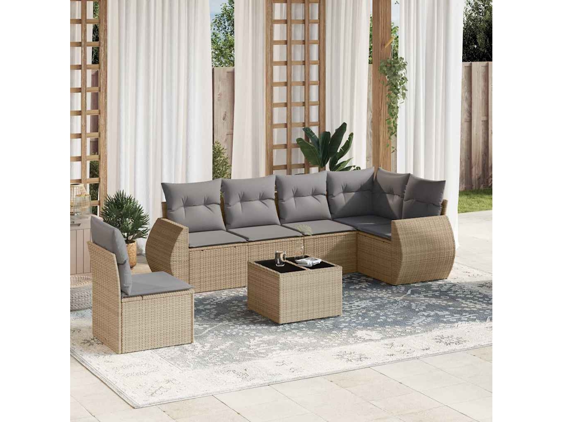 Vidaxl 7 Pcs Conjunto De Sofás P/ Jardim Com Almofadões Vime Pe Bege