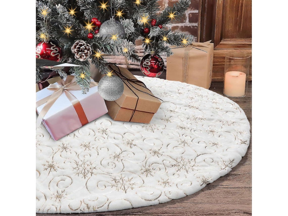 Tapete De Natal Em Pele Sintética, 122 Cm, Branco E Dourado Com Flocos De Neve De Lantejoulas, Galho De Pinheiro, Base Para Tapete Aquaforge