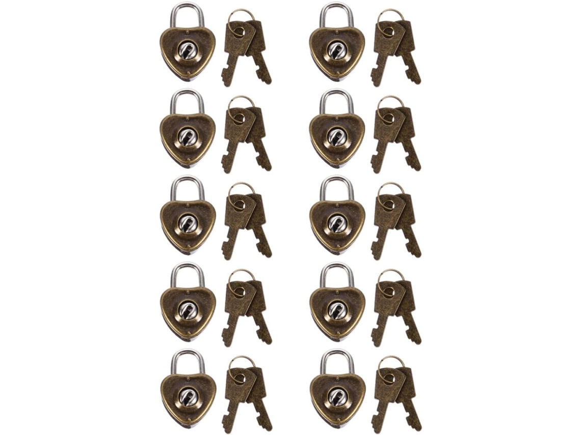 Cadeado De Ferro Multiuso, Cor Café, Formato De Coração, Pacote Com 10 Unidades, Resistente À Ferrugem, Protege Objetos