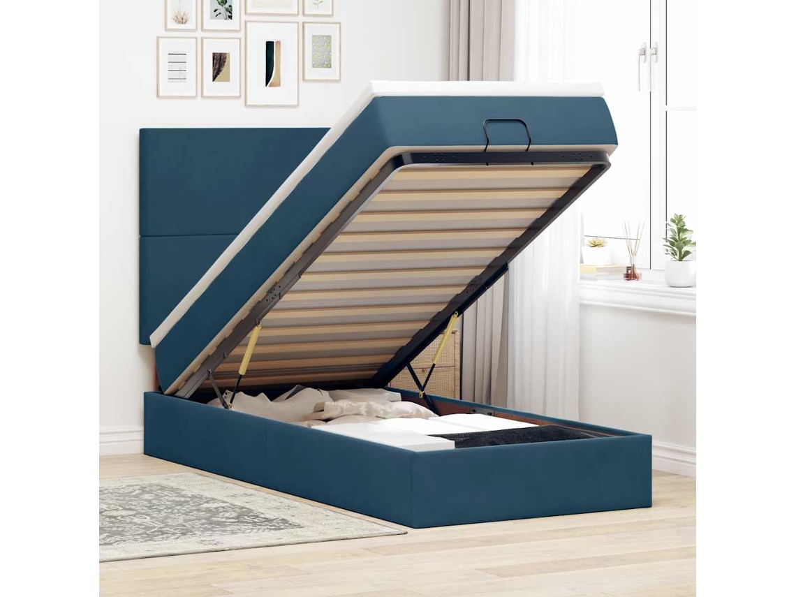 Vidaxl Estrutura Cama Otomana Com Colchões Azul Escuro 90x190cm Veludo