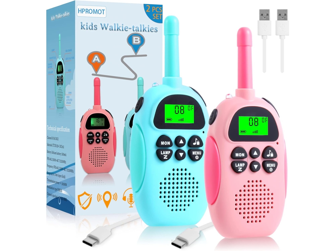 Mini walkie talkie 400-470 MHz, pacote com 2, 3W, com protetor auricular, USB