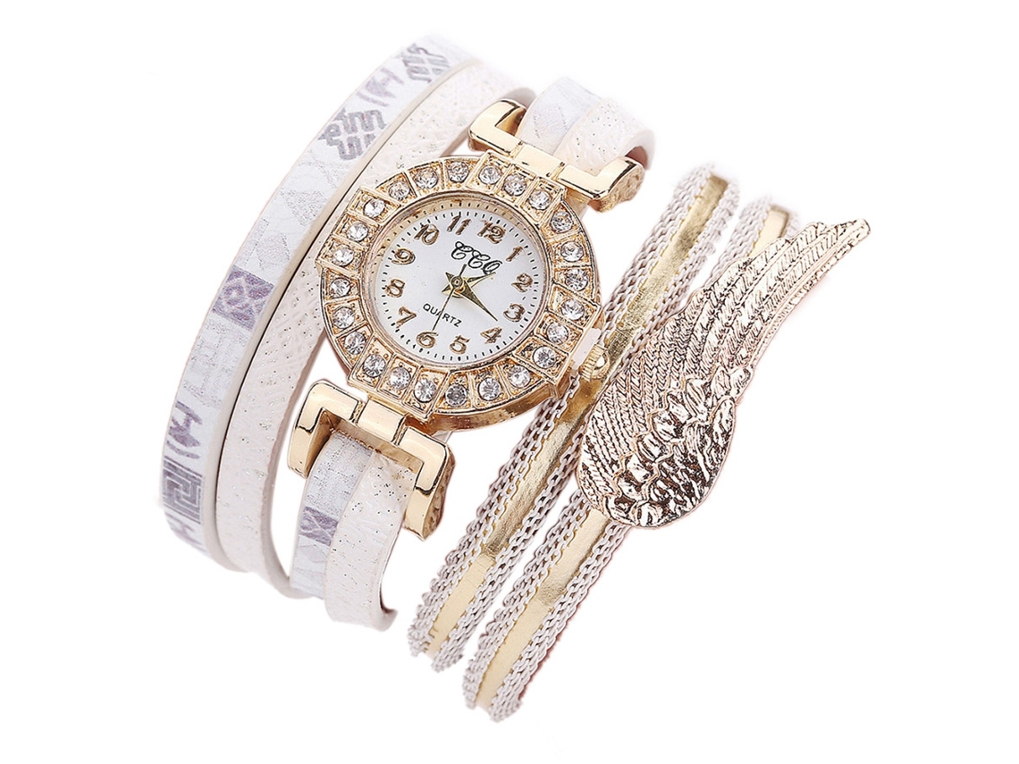 Relógio de Pulso Feminino com Pulseira Pu e Pedras Rhinestones Mostrador Redondo Quartzo