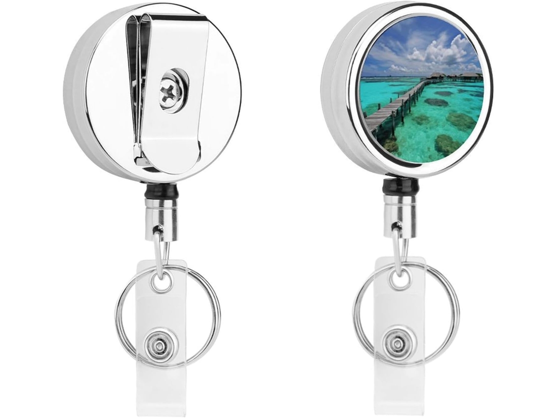 Porta-crachá retrátil com clipe para cinto e argola chaveiro, bobinas de metal resistentes para cartões de identificação.