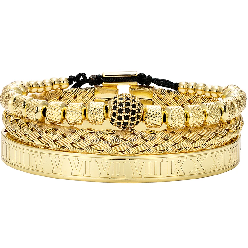 Pulseira Roman Royal com Zircônias Douradas e Padrão Geométrico em Aço Inoxidável MDUG