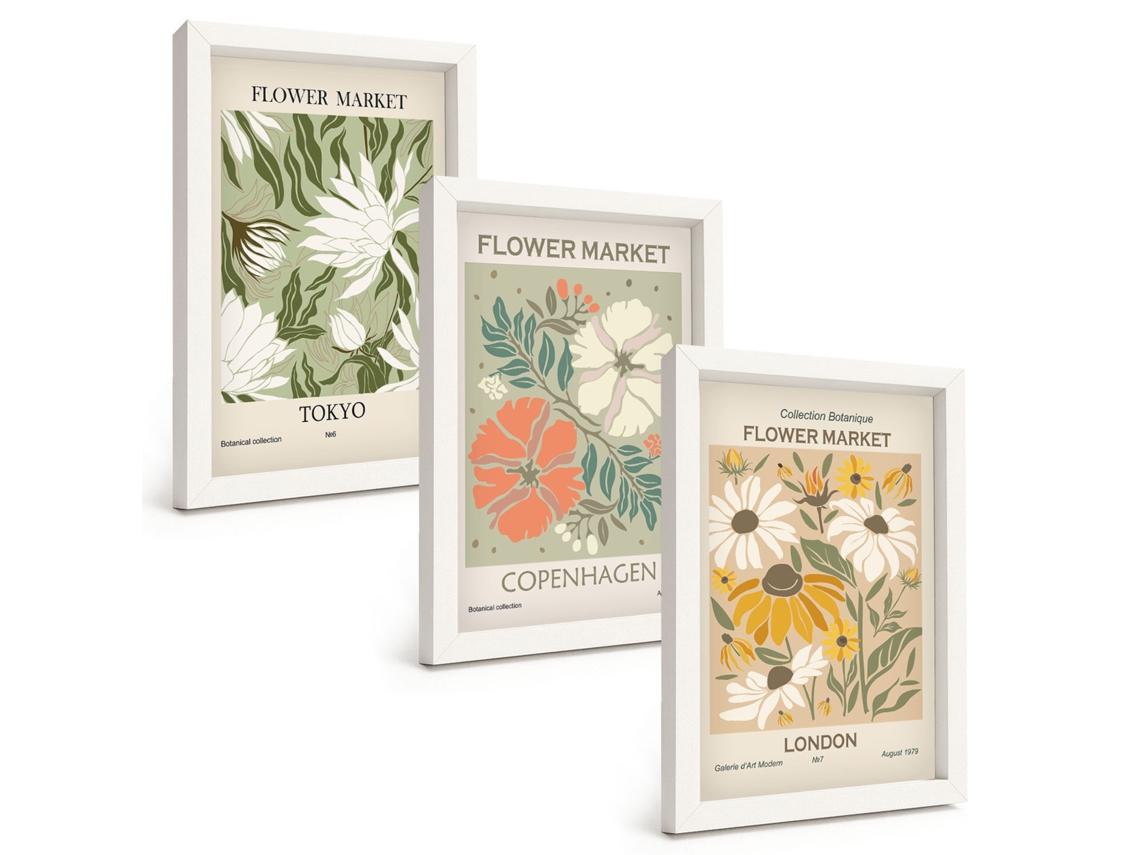 Composição De Quadros Motivos Florais De Cidades Ao Redor Do Mundo Espelharte (3 Peças 20x30 Cm)