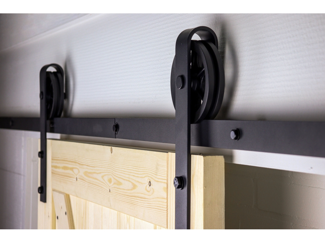 Sistema para Porta de Correr Preto com Calhas Modelo Roldanas Grandes Completo 200 Cm O Kit WOVAR