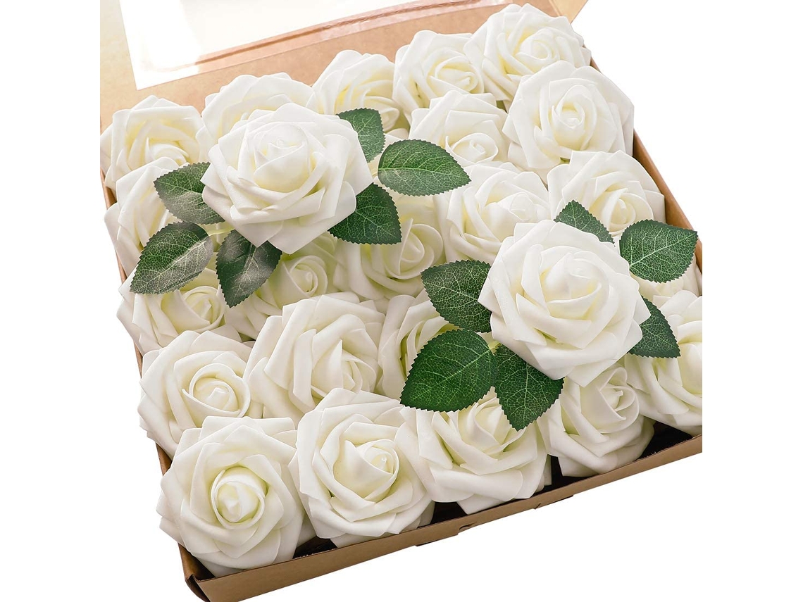 Flores Artificiais 25 Peças Rosas Falsas Realistas de Espuma Marfim com Hastes para Buquê de Noiva Branco Diy AQUAFORGE
