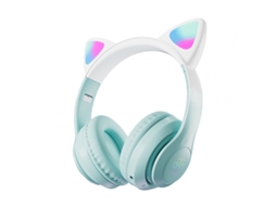 Auscultadores Bluetooth Sem Fio Fofo Orelha de Gato Cor Gradiente Luminoso para Jogos Montado na Cabeça Branco Verde