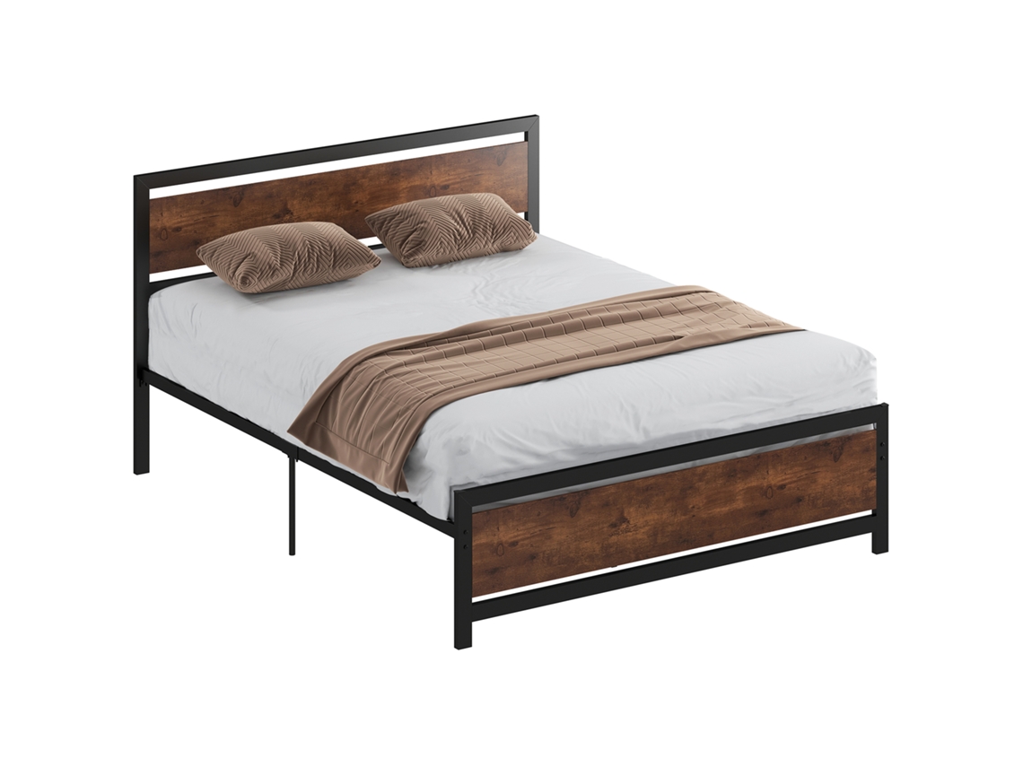 Cama Casal Aço 200x160cm S/MARCA (base e Cabeceira Incluídas, Compatível Colchão, aparência Madeira Escura)