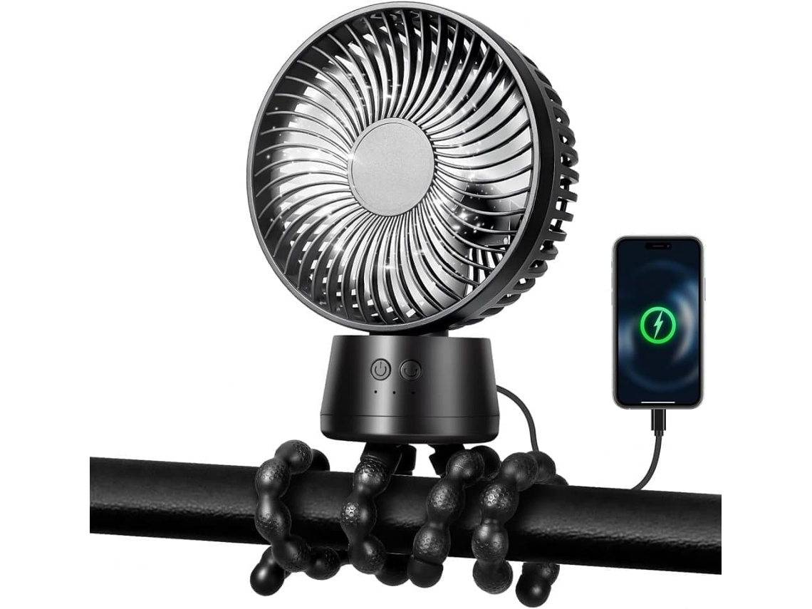 Ventilador Portátil de 50 Horas com Bateria de 10000mah, Suporte e Rotação para Carrinho de Bebê, Viagens e Carro Tf Preto 10000mah BRILVIBERA