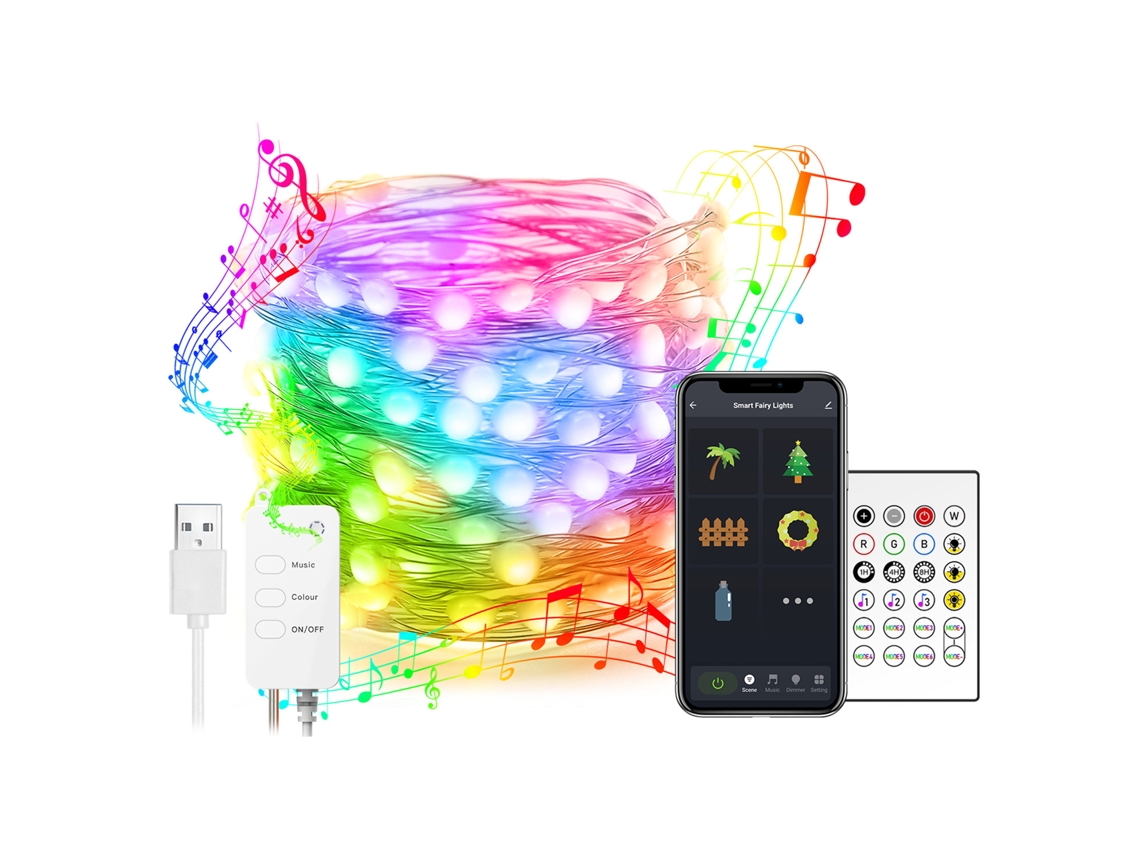 Luzes de Fio Led Wi fi Bt Usb 16 Milhões de Cores para Natal e Música