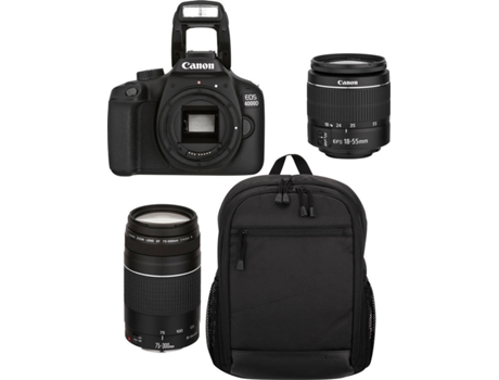 Kit Máquina Fotográfica Reflex CANON EOS4000D +18-55 + 75-300 + Mochila + Cartão (18 MP - Sensor: APS-C - ISO: 100 - 12800) — Corpo + Objetivas 18-55 + 75-300 + Mochila + Cartão 16 GB