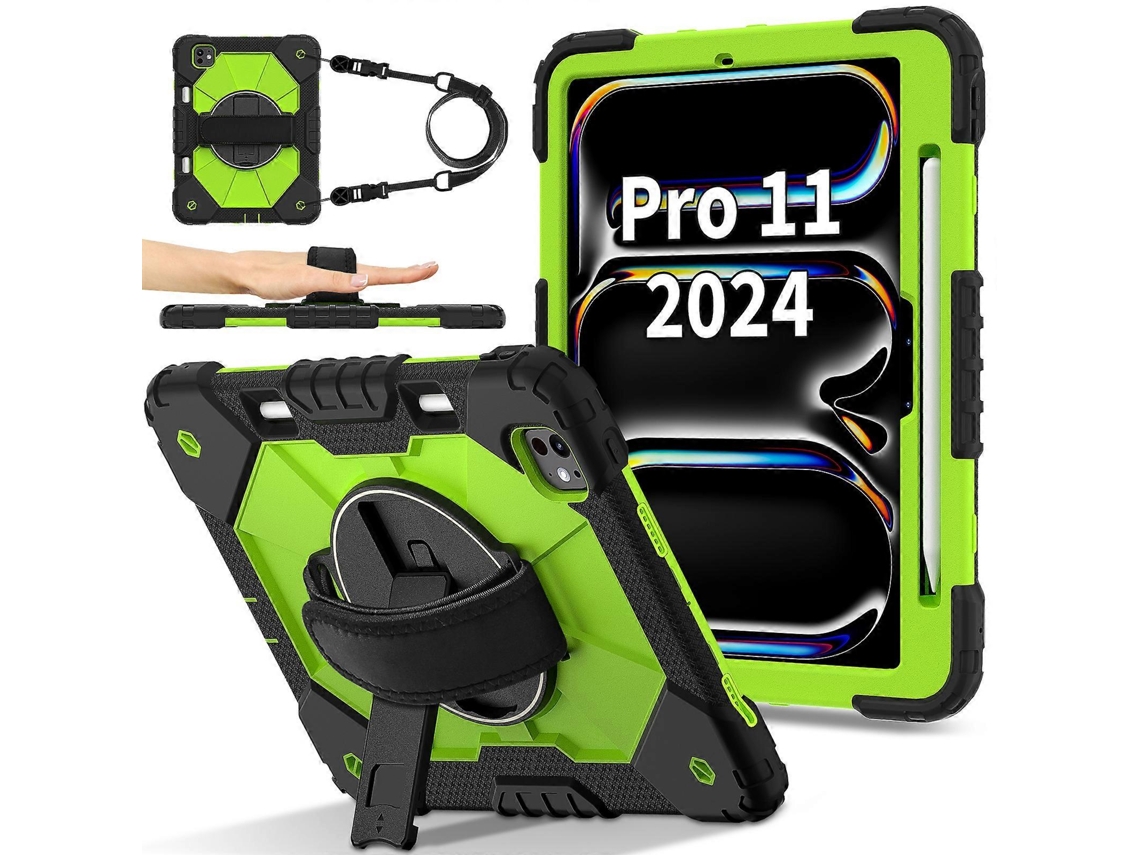 Capa para iPad Pro 11 com suporte de silicone e alça de ombro, verde e amarelo, Hengrongshen (2024)
