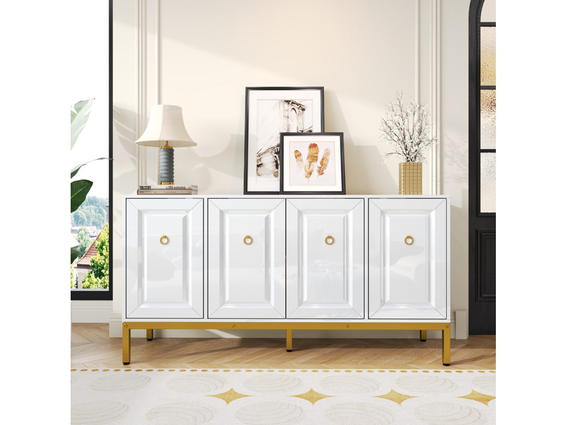 Aparador Brilhante Com Gavetas E Prateleiras,pé E Alças Douradas,140x80x40cm Para Decoração Moderna Mega Echo Trade Shop