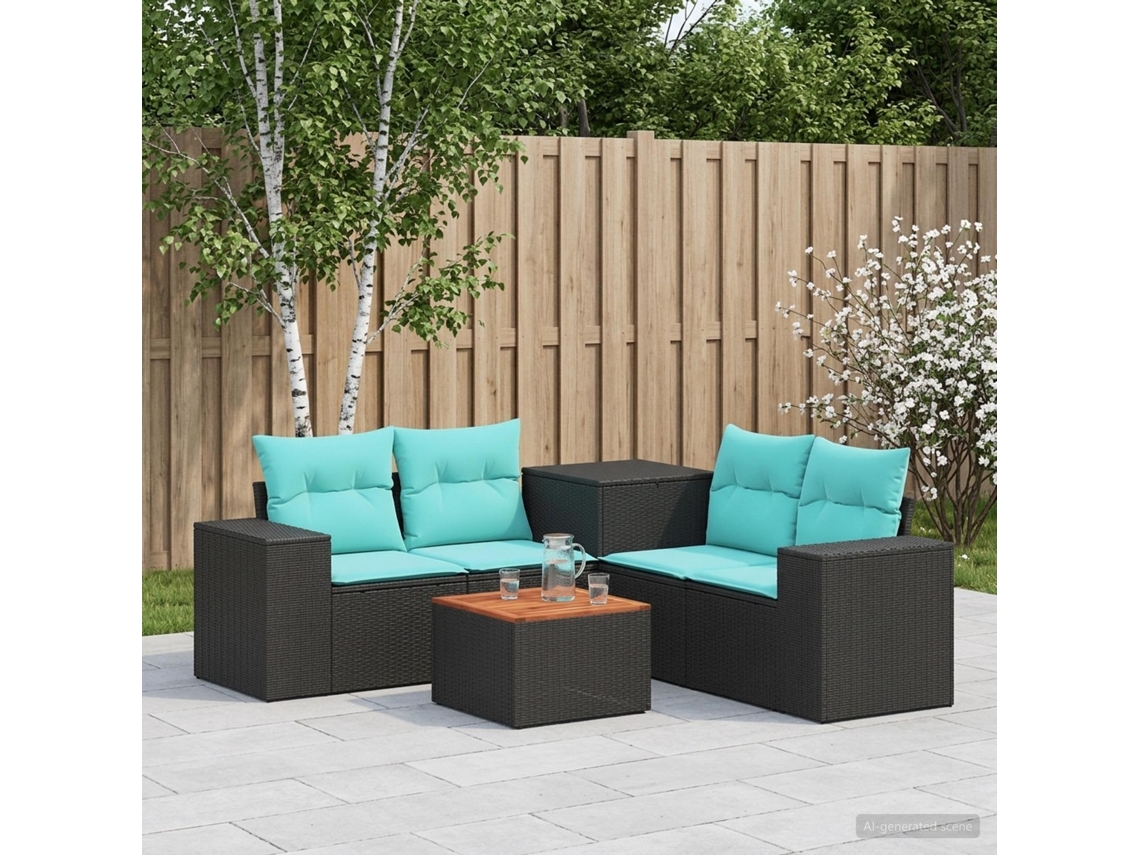 Vidaxl Conjunto De Sofás 6 Unid. Preto E Azul Rattan Poliéster E Aço